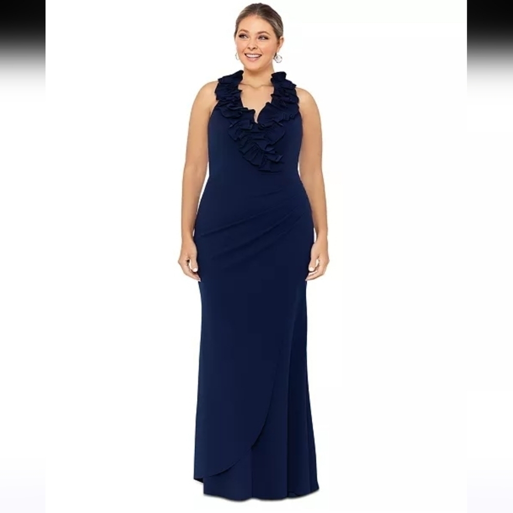 NWT Xscape Ruffled Neck Sleeveless Gown in Navy Size 14